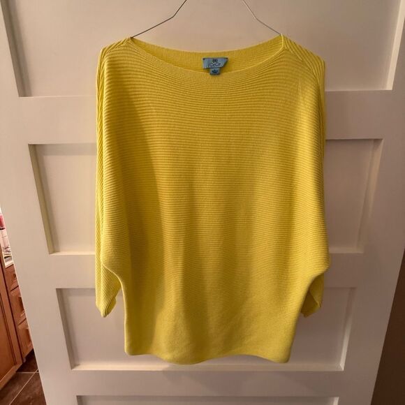 New CeCe Bright Yellow Ribbed Knit Sweater Dolman Sleeves Boat Neck Boho - Picture 3 of 9
